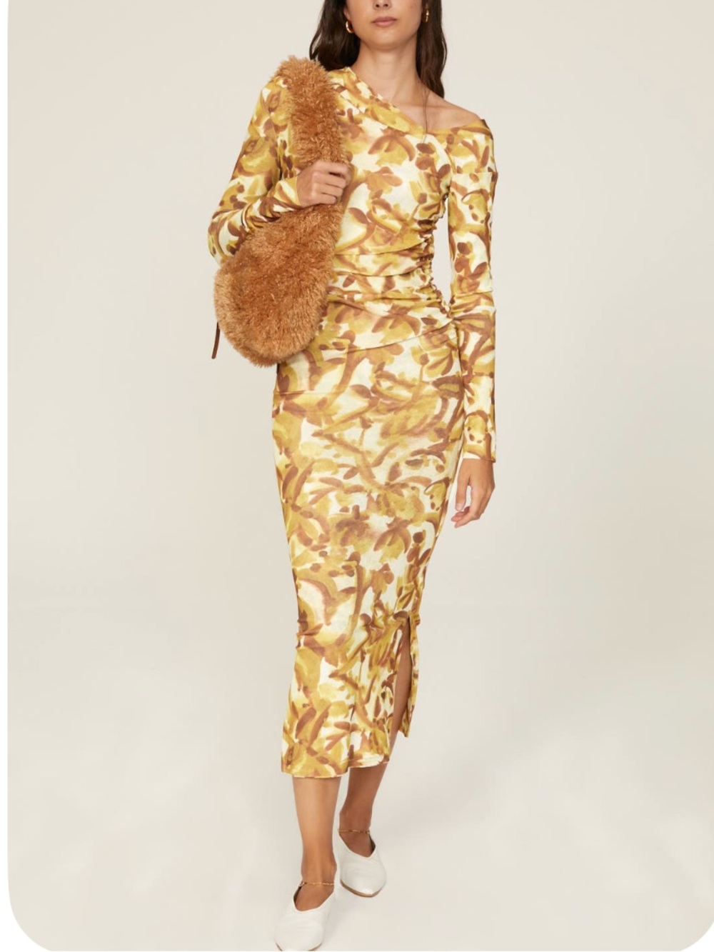 Nanushka One-Shoulder Yellow & Brown Floral Maxi Dress